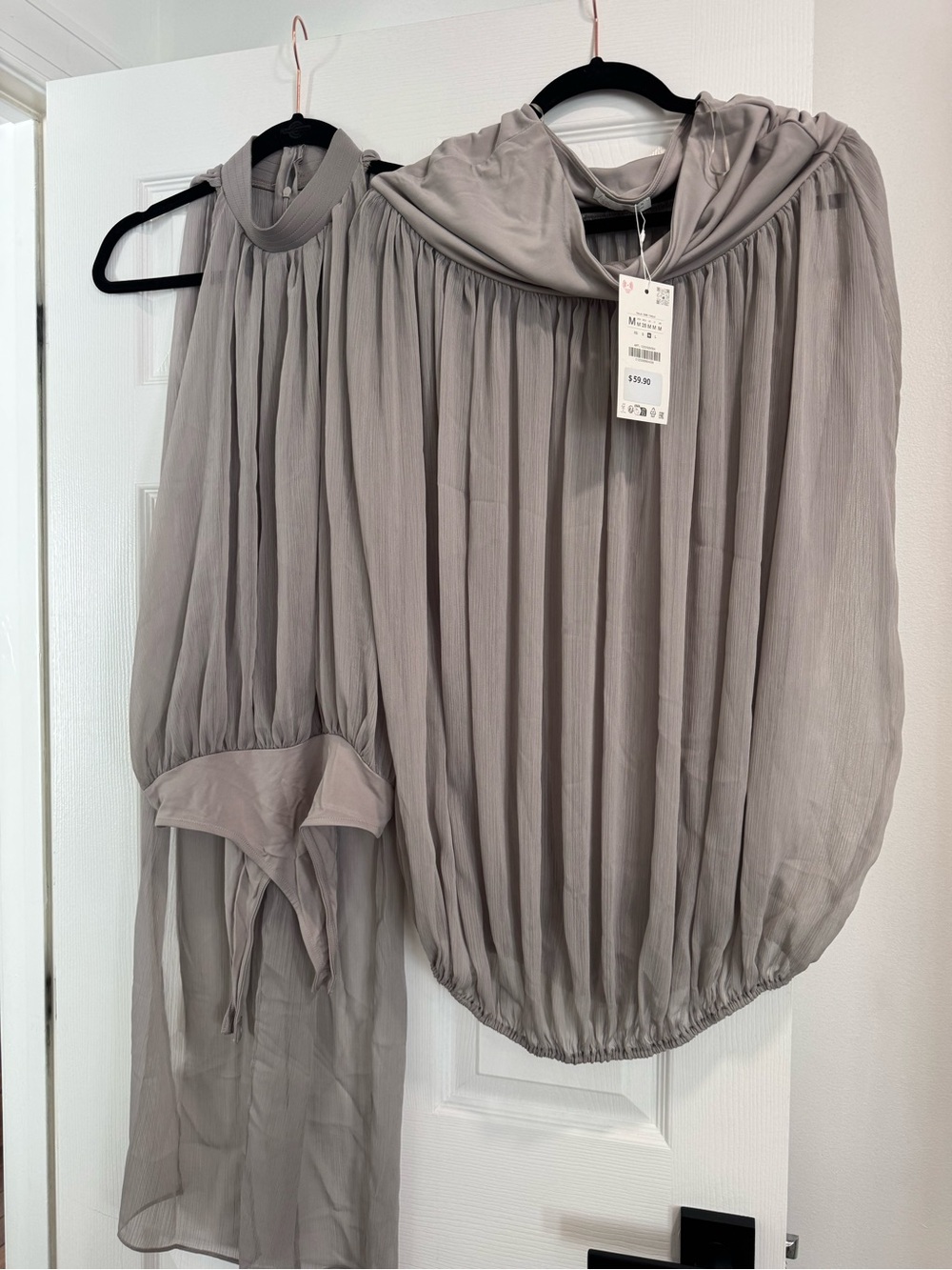Light Gray Pleated Halter Neck Bodysuit with Scarf Tie with skirt